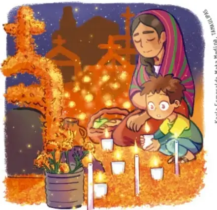 Ilustración de una mujer y un niño encendiendo velas junto a un altar con flores cempasúchil y un arco floral, en una escena nocturna que representa una tradición comunitaria mexicana (Día de Muertos).