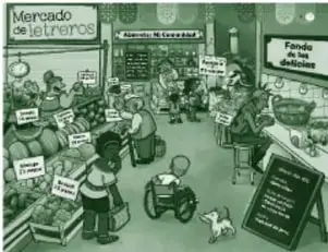 Ilustración en verde de un mercado con el letrero 'Mercado de letreros': puestos de frutas y verduras, personas comprando y vendiendo, pizarra con precios y distintos letreros con textos y números.