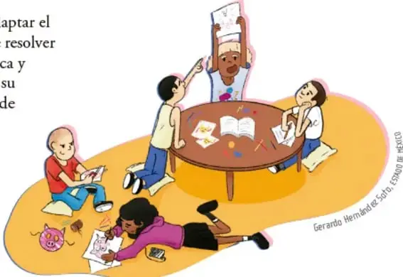 Ilustración de cinco estudiantes trabajando alrededor de una mesa redonda y en el piso: uno sostiene un papel en alto, otros leen, escriben y dibujan; representan la planeación colaborativa del proyecto. Crédito: Gerardo Hernández Sepúlveda / Edición y diseño.