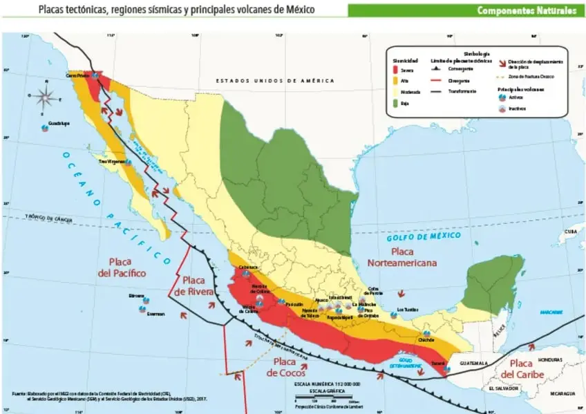 Mapa de México titulado 'Placas tectónicas, regiones sísmicas y principales volcanes de México' (Componentes Naturales). Muestra las placas del Pacífico, Rivera, Cocos, Norteamérica y Caribe; líneas de separación entre placas (convergentes, divergentes, transformantes); dirección de desplazamiento con flechas; zona de fracturas oceánicas; leyenda de sismicidad por colores (frecuente a baja) y tipos de volcanes (ácidos y básicos).