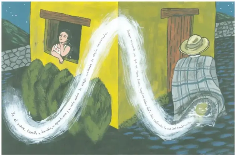 Casa amarilla de noche: una mujer asoma desvelada a la ventana; junto a la puerta, un hombre de sombrero carga una cobija cuadrada donde ya duerme un hombrecillo; el viento tiembla en zigzag entre los matorrales.