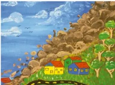Pintura de Alex Flores Ávila, Puebla: enorme derrumbe de tierra y piedras que desciende sobre casas pequeñas de colores; árboles al borde, cielo azul con nubes y pájaros.