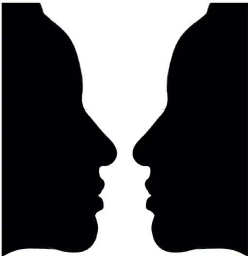Figura ambigua en blanco y negro: dos perfiles humanos enfrentados que, a la vez, delimitan el contorno de una copa o cáliz.