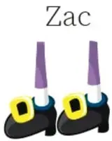 Zapatos morados con hebilla del duende Zac y dos huellas pequeñas del monstruo Din.