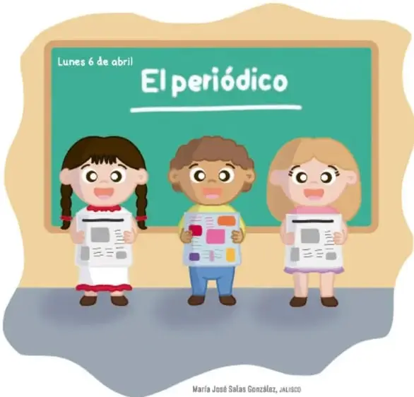 Ilustración de tres estudiantes frente a un pizarrón verde con el título "El periódico" y la fecha "Lunes 6 de abril".