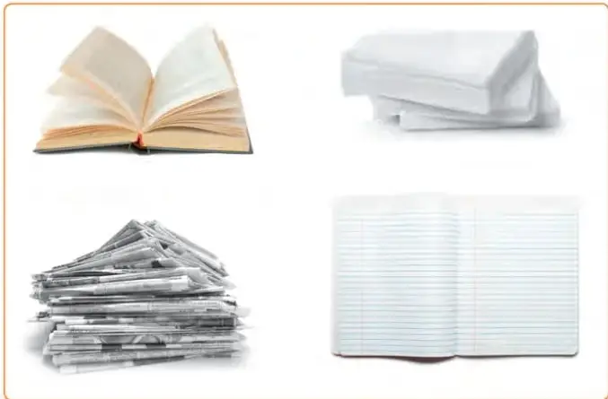 Cuatro imágenes comparan el papel: un libro abierto, una pila de hojas blancas, un montón de periódicos y un cuaderno de líneas.
