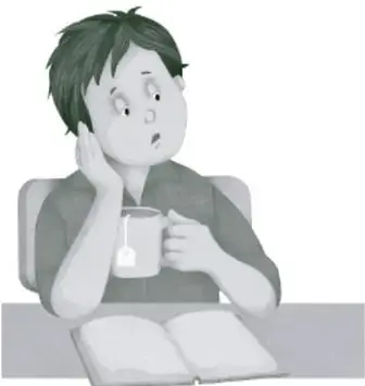 Ilustración de un niño sentado frente a un libro abierto, con una taza en la mano y gesto pensativo; parece reflexionar sobre un conflicto.
