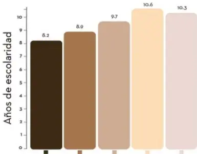 Gráfica de barras titulada 'Escolaridad de población entre 25 y 64 años por color de piel'.