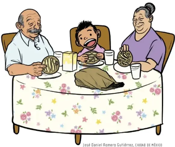 Un abuelo de camisa clara, una abuela de blusa lila y un niño cenan juntos en una mesa redonda con mantel floral y jarras; apetece un plato central. Ilustración de José Daniel Romero Gutiérrez, Ciudad de México.