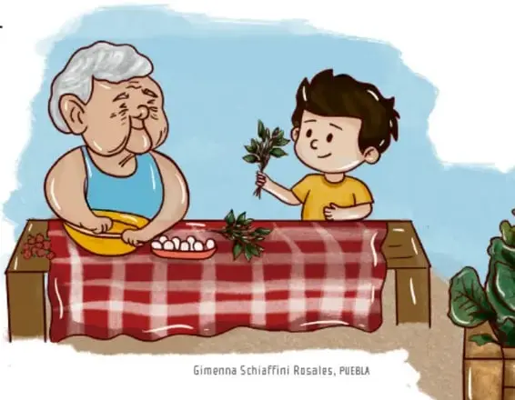 Ilustración de una variedad de alimentos nutritivos: plátanos, tomates, rábanos, ajo, berenjena, ajos, lechuga y pimientos de colores. Crédito: Gimenna Schiaffini Rosales, PUEBLA.