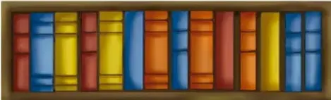 Ilustración de un librero con libros de colores y una pila de libros en el suelo.