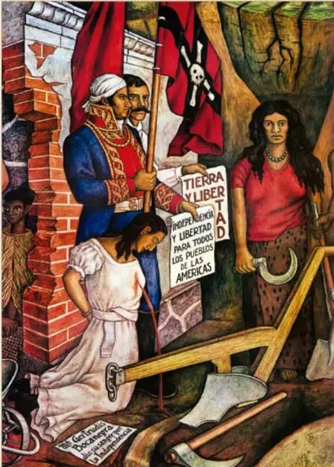 Reproducción de un detalle del mural 'Historia de Michoacán' de Juan O'Gorman (1941-1942) que muestra a Gertrudis Bocanegra entre banderas con lemas como 'Tierra y Libertad' e 'Independencia y Libertad para todos los pueblos de las Américas'.