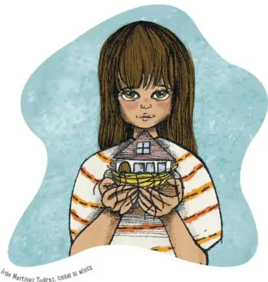 Ilustración de una niña de frente sosteniendo entre las manos una casa en miniatura con un árbol; fondo turquesa.