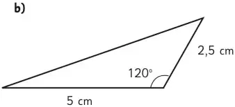Triángulo con ángulo 120° y lados 5 cm y 2,5 cm.
