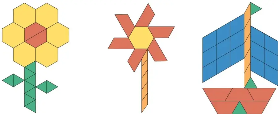 Flor formada por hexágonos amarillos alrededor de un hexágono rojo central, con tallo verde y dos hojas verdes (rombos) a ambos lados del tallo.