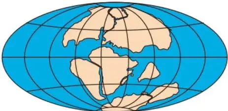 Globo terráqueo con la distribución actual de los continentes. Leyenda: 'Distribución actual'.