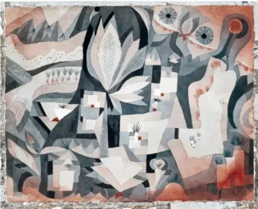Floreciendo (1934): cuadro rosado cubierto de puntos azules, verdes y naranjas, con una espiral rosa central que envuelve un círculo naranja punteado y un tallo verde.