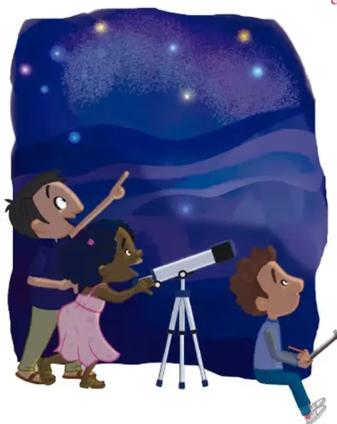 Ilustración de tres niños observando el cielo nocturno: uno señala las estrellas, una niña mira por un telescopio y un niño sentado toma notas.
