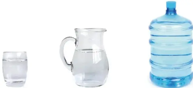 Tres recipientes con agua: un vaso, una jarra y un garrafón, que ilustran que la densidad del agua es la misma aunque cambien masa y volumen.
