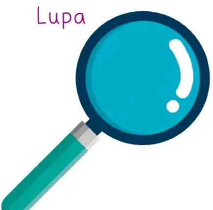 Ilustración de una lupa con mango turquesa y lente azul, rotulada con la palabra 'Lupa' en rosa.