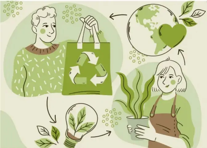 Ilustración en tonos verdes que muestra a dos personas (un joven con bolsa reutilizable de reciclaje y una persona mayor regando una planta), junto a una bombilla con hojas, un planeta con un corazón y hojas, representando creatividad aplicada al cuidado del ambiente.