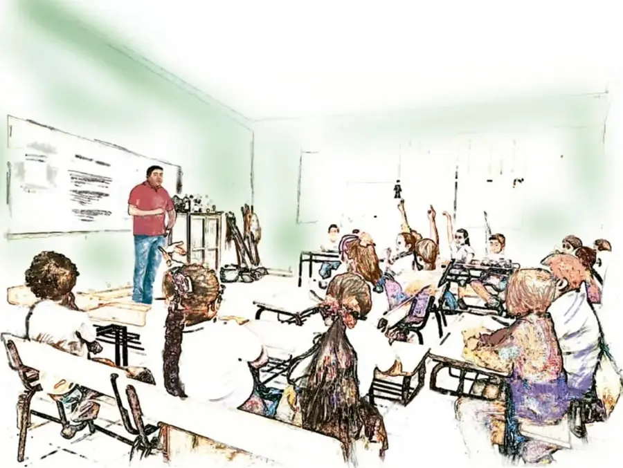 Ilustración de un aula escolar con un maestro de pie frente al pizarrón y varios estudiantes sentados en bancas, algunos levantando la mano para participar.