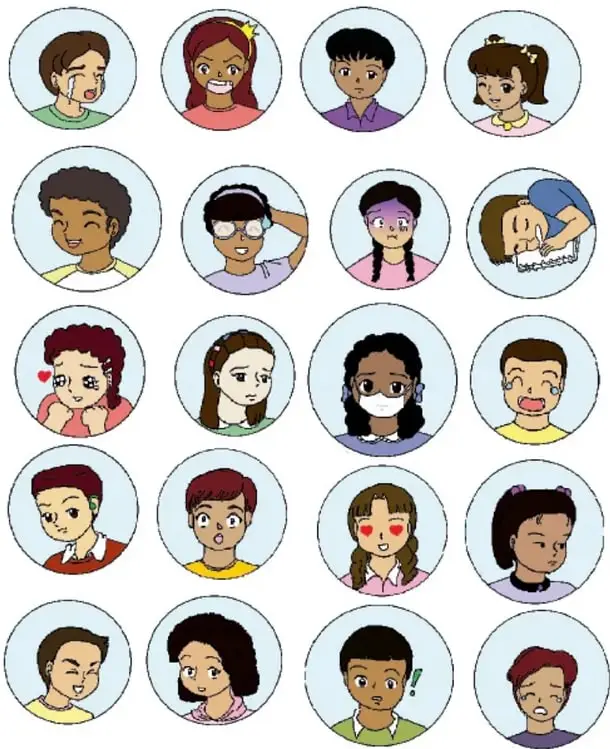 Veinte ilustraciones circulares de rostros de niños y niñas con expresiones emocionales variadas: llanto, sonrisa, sorpresa, enojo, amor, risa, disgusto, etc. Crédito: Irene Reyes Santiago, Estado de México.