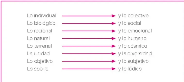 Cuadro con borde rosa que lista ocho pares de dimensiones unidas por flechas (individual-colectivo, biológico-social, racional-emocional, natural-humano, terrenal-cósmico, unidad-diversidad, objetivo-subjetivo, sobrio-lúdico). Fuente: elaboración propia con base en Morin (1999).