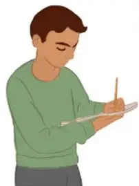 Ilustración de un estudiante tomando notas con lápiz y cuaderno. Crédito: Filomena Tun Cocon, Quintana Roo.