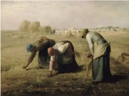 Pintura realista de campesinos trabajando la tierra en un campo abierto, representando la vida cotidiana rural.