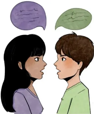 Ilustración de dos niños de perfil conversando con globos de diálogo morado y verde; crédito: Melissa Arenas Montealegre, Ciudad de México.