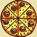 Pizza dividida en partes iguales para representar la mitad y dos cuartos.