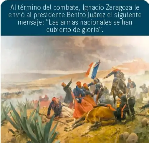 Pintura de la Batalla de Puebla con soldados mexicanos y franceses, banderas y caballos.
