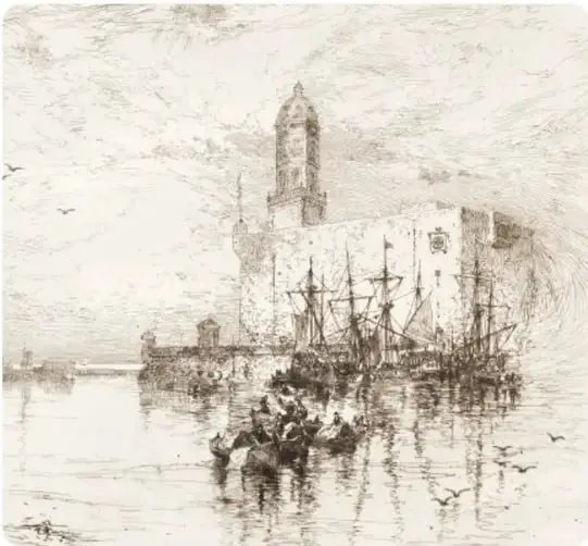 Grabado o dibujo histórico que muestra la fortaleza de San Juan de Ulúa con embarcaciones y marinos en el puerto de Veracruz.