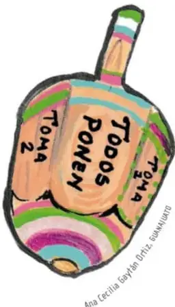 Ilustración de un trompo tradicional de madera con cintas de colores y la leyenda "TOMA 2, TODOS PONEN" escrito en su cuerpo. Crédito de la ilustración: Ana Cecilia Gaytán Ojeda-Gamundi.