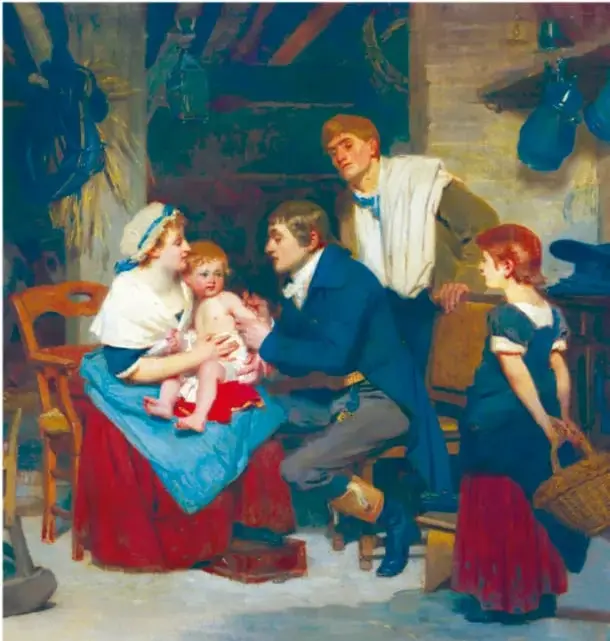 Pintura histórica: Edward Jenner, sentado, vacuna el brazo del niño James Phipps, que carga una mujer con cofia; otra niña con canasta y un hombre observan.