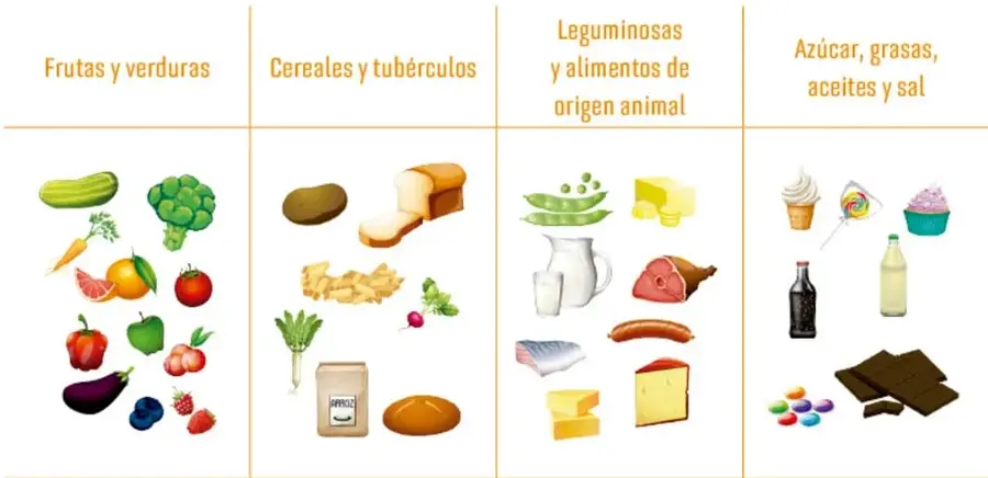 Tabla ilustrada con cuatro columnas de alimentos: frutas y verduras; cereales y tubérculos; leguminosas y alimentos de origen animal; azúcar, grasas, aceites y sal.