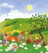 Paisaje con plantas florecidas y árboles con frutos, relacionado con la activación de la naturaleza durante el afelio.