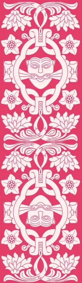 Ilustración decorativa en blanco sobre fondo rosa con motivos florales y dos rostros humanos estilizados enmarcados en óvalos, de estilo artesanal mexicano.