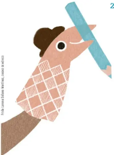 Ilustración de una persona con cabello castaño y suéter a cuadros sosteniendo un lápiz azul grande, como si escribiera en el rotafolios.