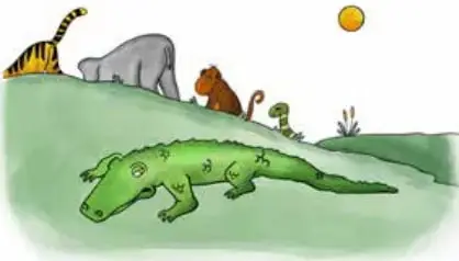 Ilustración del cocodrilo con la piel más oscura y reseca, mientras los animales lo observan desde una colina.