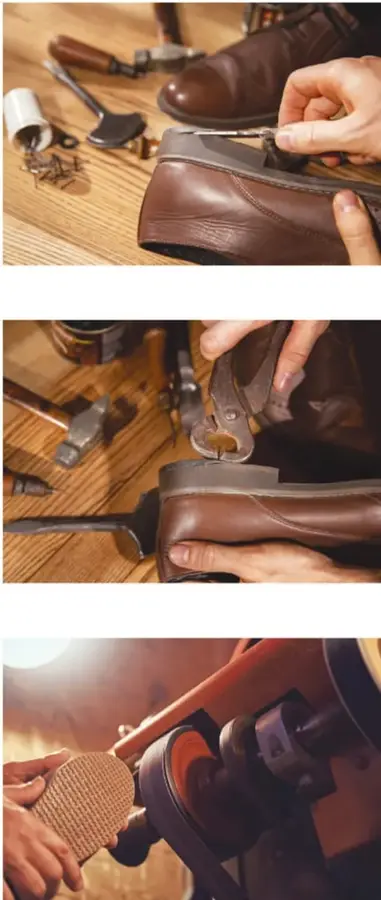1) Manos de un zapatero clavando o reparando la suela de un zapato café sobre mesa de madera, con martillo, tacones y clavos alrededor. 2) Manos usando tenazas y martillo sobre un tacón de zapato, con herramientas de taller al fondo. 3) Un zapatero rebaja una suela en una máquina de pulir con disco de lija, en el taller.