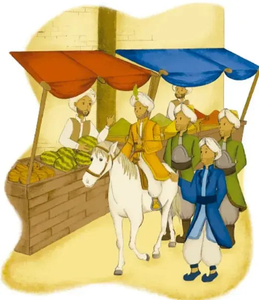 Ilustración de Merian Lam Calleros: el sultán a caballo en un mercado con toldos rojo y azul, vendedores de sandías y sirvientes con turbante.