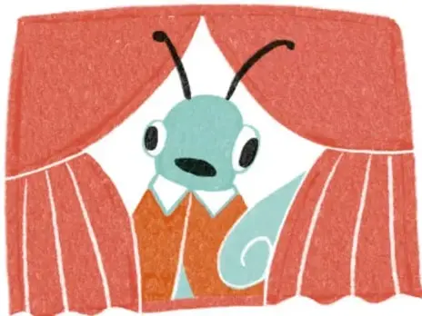 Ilustración de un títere verde con antenas asomado entre cortinas rojas de un teatrino.