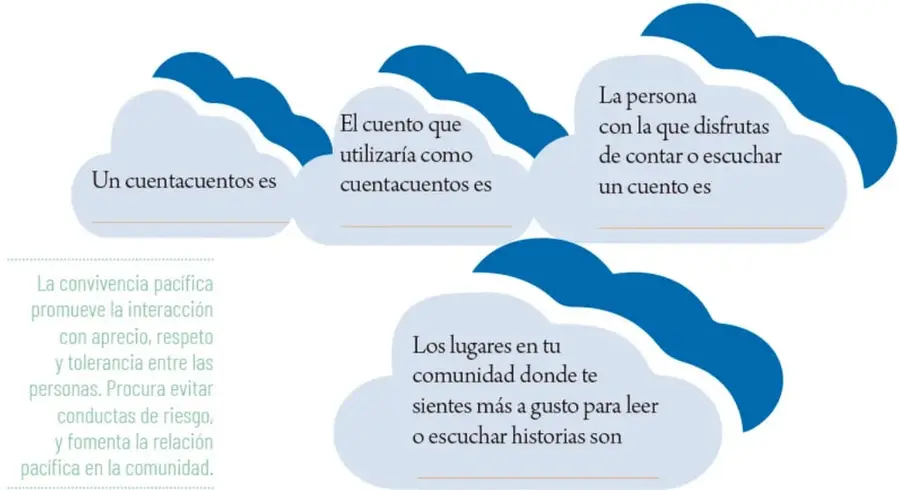 Nubes de diálogo con frases para completar sobre el cuentacuentos.