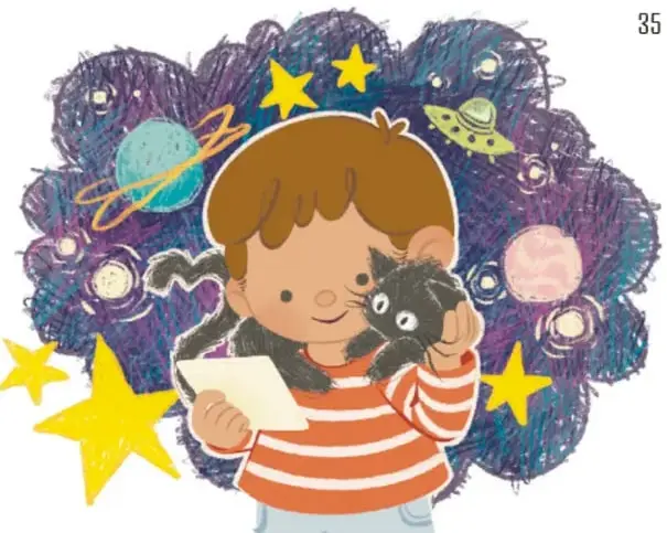 Ilustración de un niño de cabello castaño con suéter a rayas naranjas y blancas sosteniendo a una gata negra; detrás hay un fondo espacial con estrellas, planetas y un platillo volador.