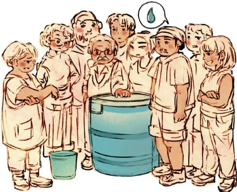 Columna vertical con iconos de proyectos: símbolos de reciclaje, ciencia, arte, salud y comunidad.