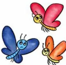 Tres mariposas de colores (roja, azul y naranja) volando.