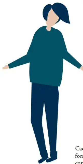 Figura ilustrada de una mujer con camiseta verde y pantalón azul, extendiendo los brazos.