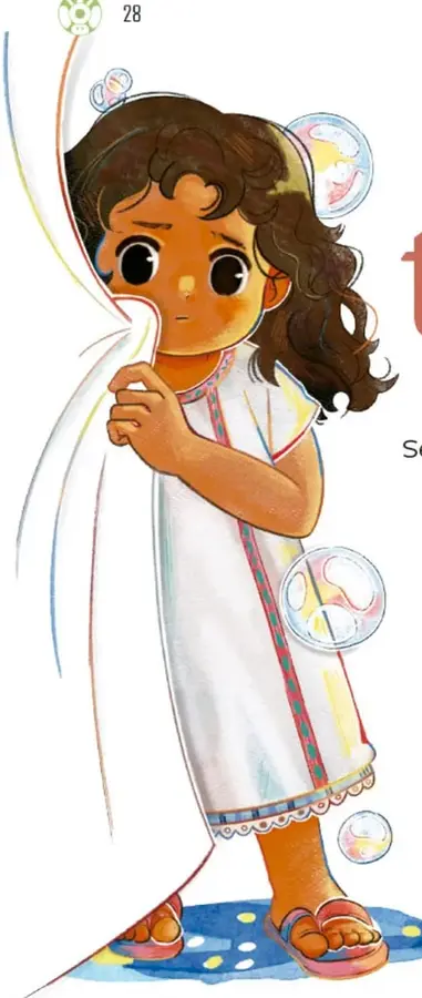 Ilustración de una niña de cabello rizado, con vestido blanco, escondiéndose detrás de una tela blanca. Mira con timidez. Hay burbujas de colores flotando.